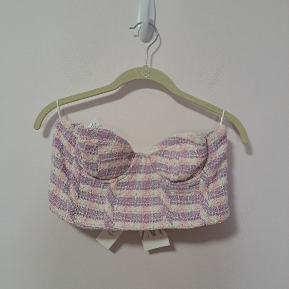 Zara textural plaid corset crop bustier pi k purple medium NWT - Picture 6 of 11